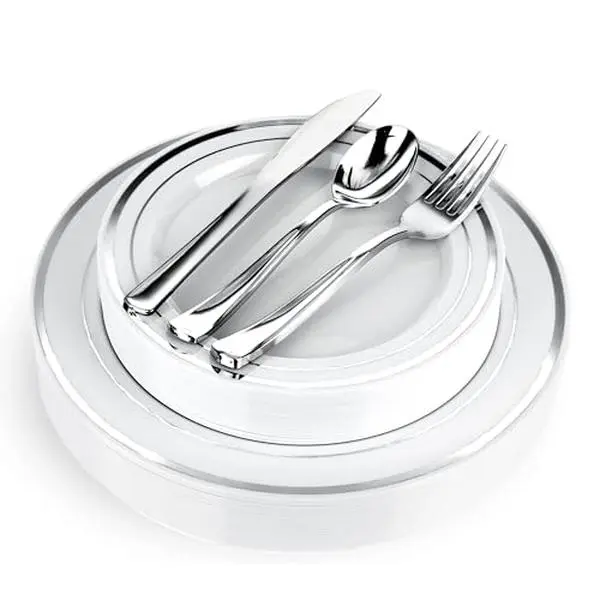 Stock Your Home Elegant 125 Piece Silver Rim Plastic Place Setting Set with Silverware - Solid, Disposable & Heavy-duty Includes: 25 Dinner Plates, 25 Dessert Plates, 25 Forks, 25 Knives, 25 Spoons