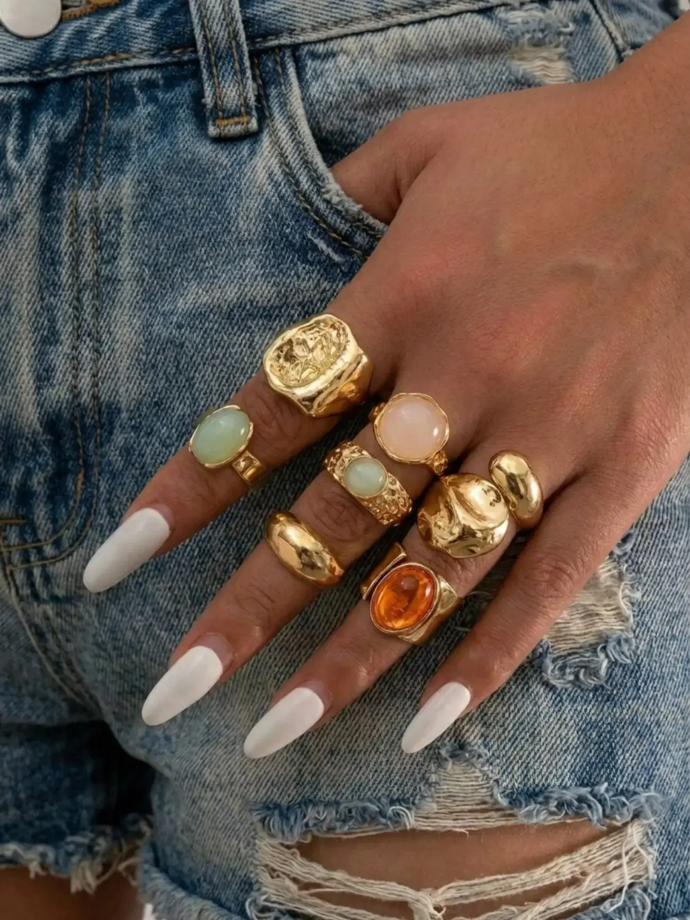 7-Piece Vintage Textured Color Stone Wide Ring Set, French Lazy Style, Mixed Styles Design, Antique, Stackable or Wear Alone, Statement, effortless styling complete matching versatile coordinated polished