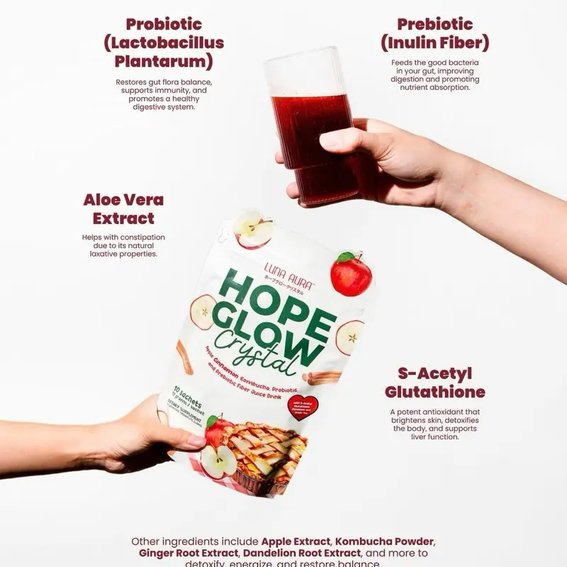 Luna Aura HOPE GLOW Crystal Apple Cinnamon Kombucha - Probiotic & Prebiotic Fiber Juice Drink (18g x 10 Sachets) with S-Acetyl Glutathione for Radiant Skin & Healthy Gut Support - TikTok Shop Luna Aura HOPE GLOW Crystal Apple Cinnamon Kombucha - Probiotic & Prebiotic Fiber Juice Drink (18g x 10 Sachets) with S-Acetyl Glutathione for Radiant Skin & Healthy Gut Support - TikTok Shop