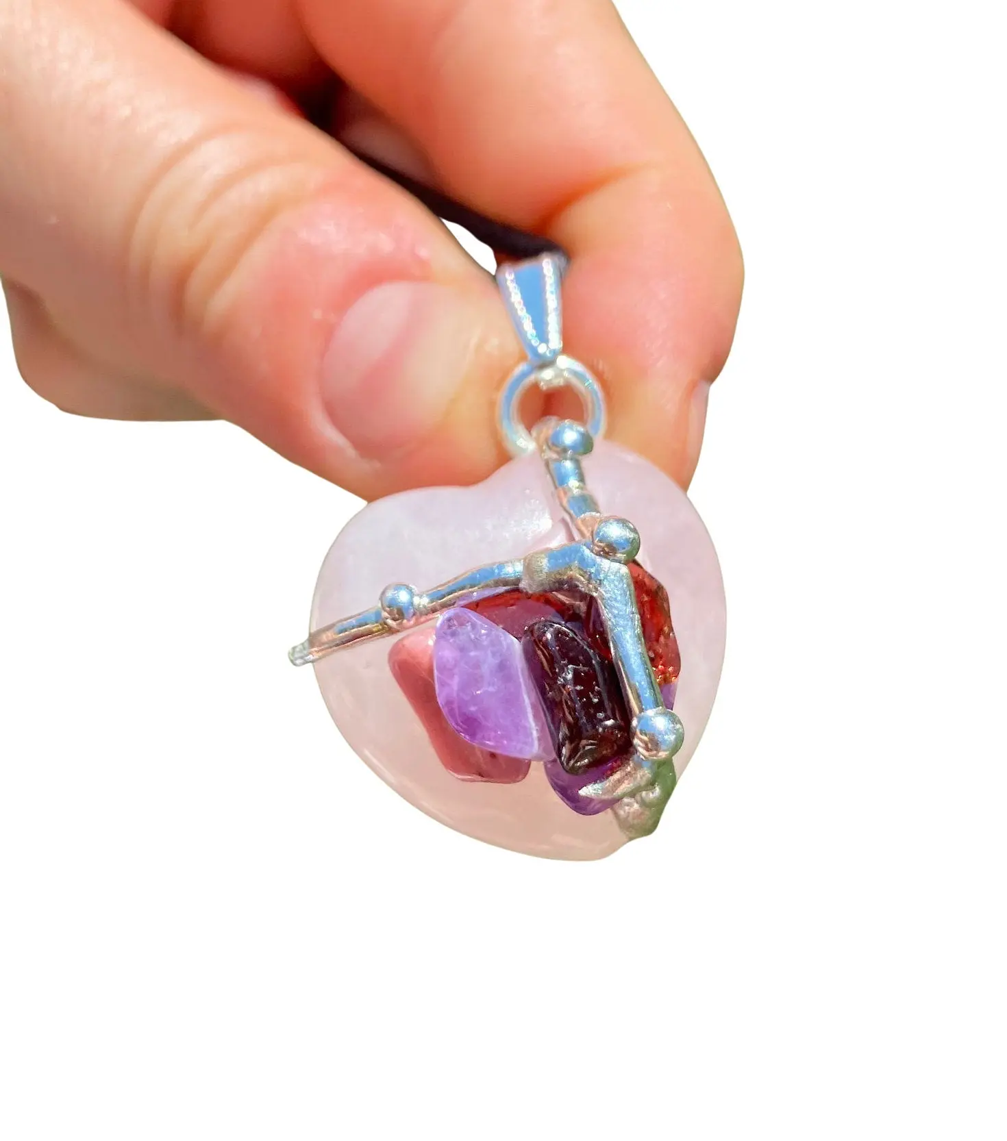 Soulmate Heart Amulet (Love & Happiness) Pendant with Black Satin Cord, Rose Quartz, Rhodonite, Garnet, Amethyst