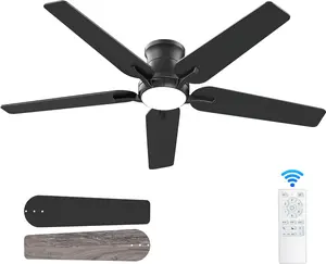 52 Inch Black Ceiling Fans with Lights and Remote, Flush Mount Low Profile Ceiling Fan for Bedroom, Living Room, Patio, Dimmable 6 Speeds Noiseless Reversible, ETL Listed