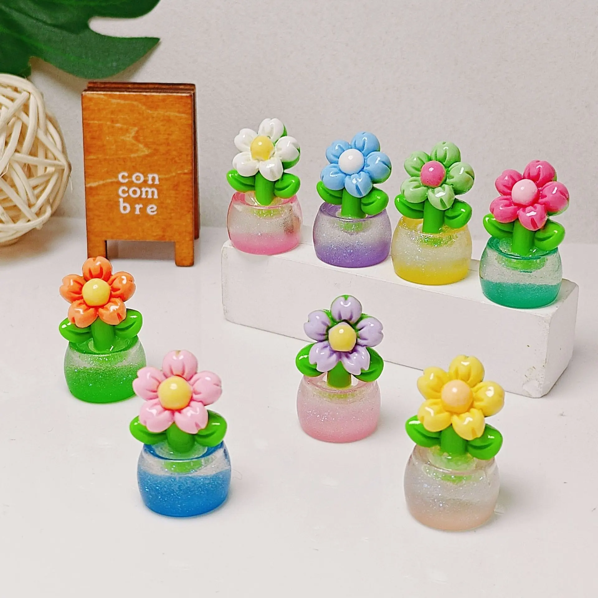 Mini Glow In The Dark Flower Pot Figurines, Glitter Resin Tiny Plant Ornaments, Micro Landscape DIY Accessories, Cute Miniature Flower Decor for Car, Desk, Dollhouse Crafts