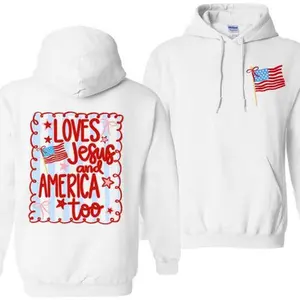 Loves Jesus and America Too Hoodie, 4th of July Patriotic Coquette Bow Hoodie, American Flag USA Preppy Red White Blue Hoodie, Christian Faith Independence Day Gift Hoodie