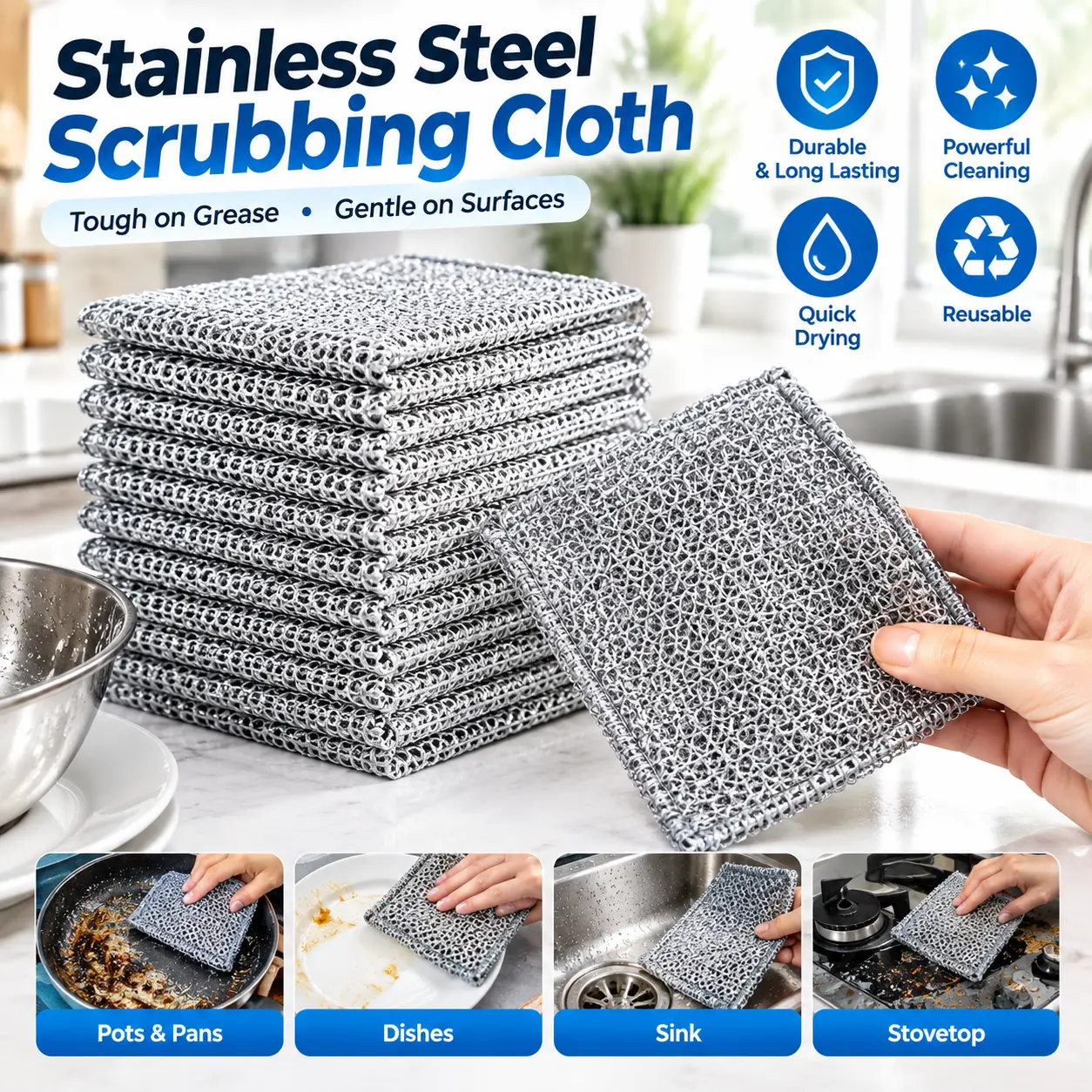Stainless Steel Reusable Wire Cloth Rags - Lightweight Absorbent Mesh Sponges for Household Kitchen Use, Multi-Purpose for Sink Cookware, Glass Surfaces