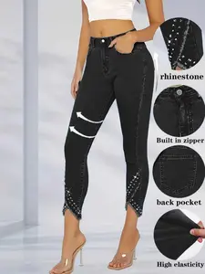 Women's High Elasticity Skinny Jeans with Frayed Edges, Luxury Rhinestone Design, Comfortable and Stylish Denim Jeans for Everyday Wear
