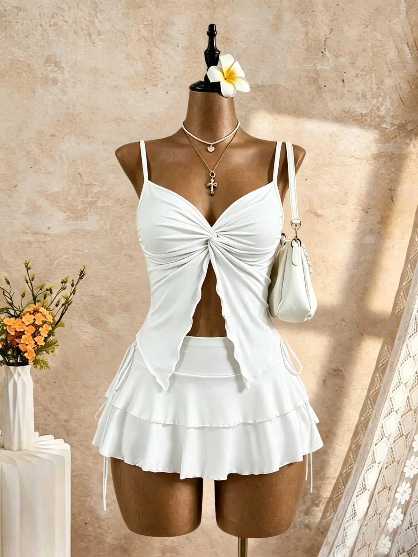 Vacation Essential: Womenswear Knot Front Halter Top & Ruffle Midi Skirt Set, Millennial Layered Mini Dress + Cutout Top, Cute Summer Club Chic Ruffled Feminine Outfit