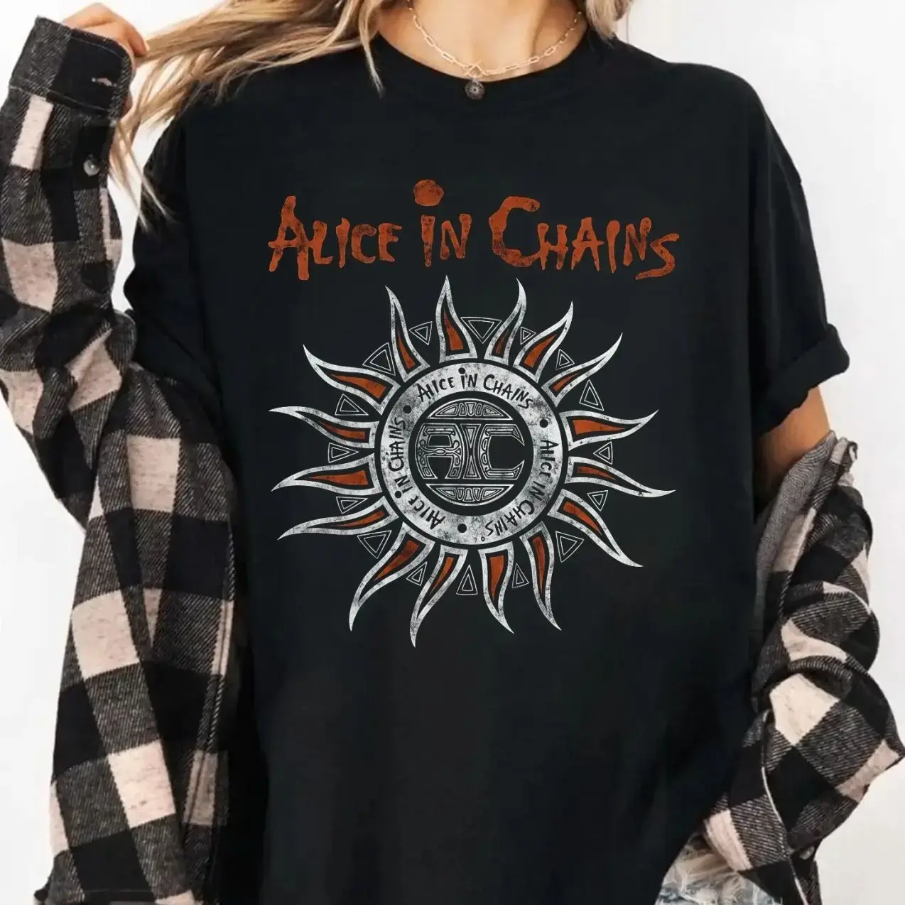 Women's Alice In Chains Sun Logo Print Round Neck Short Sleeves Casual Tee, US Cotton Black Tops, Unisex S-5XL, Designed & Printed in the USA, Band Graphic