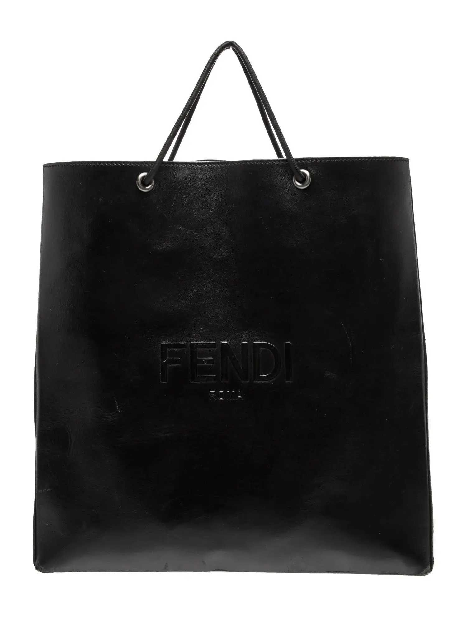 Pre-owned FENDI canvas Shoulder Bags $2750 2021 Roma Embossed Logo Leather Tote Bag Black Flat Shopping Bag