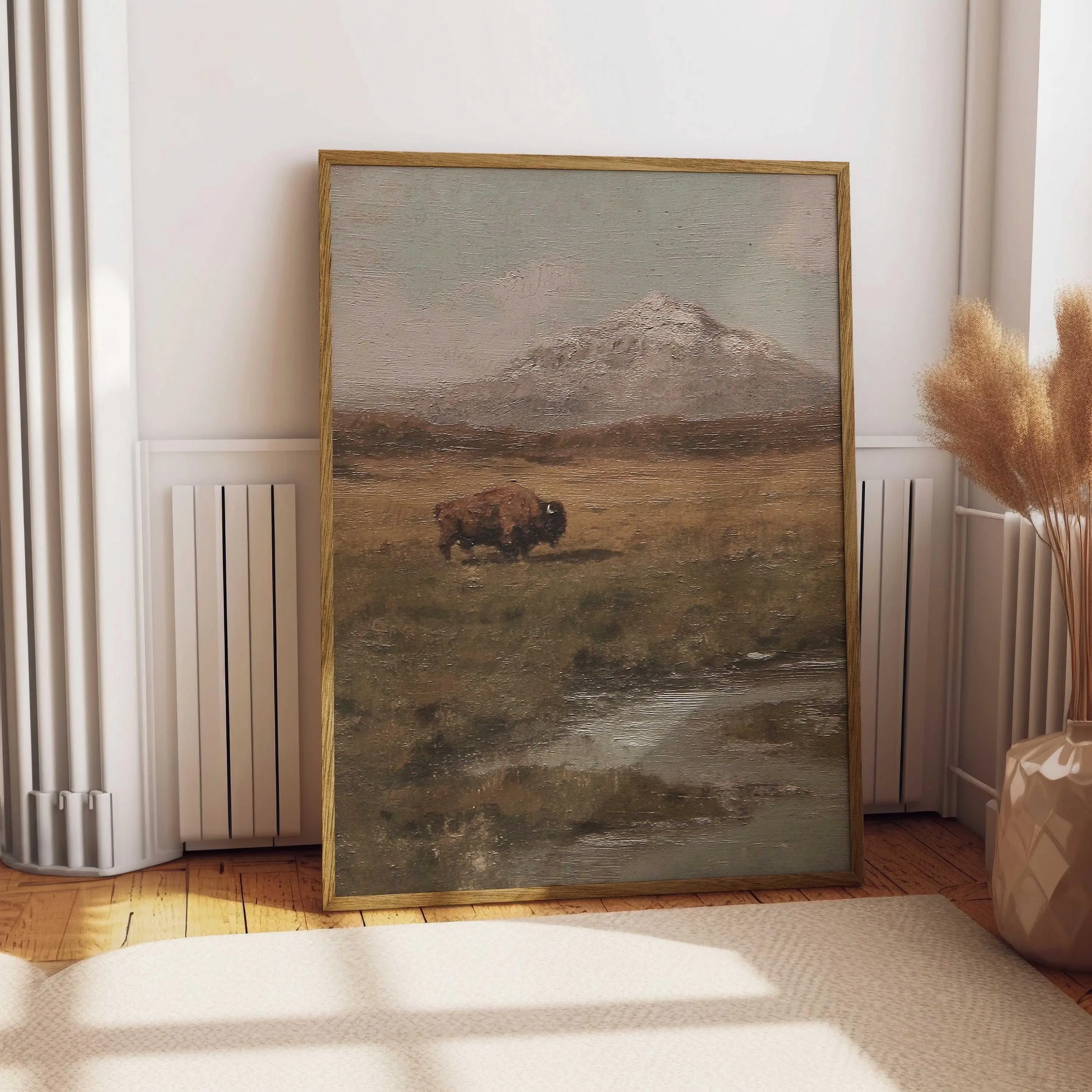 Lone Bison in a Field Vintage Oil Painting Poster Unframed  Rustic Antique Retro Buffalo Poster Unframed  Rocky Mountain Poster Unframed  Western Cabin Cottage Wall Art