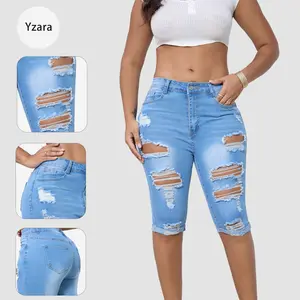 Women's Essential Slim-Fit Distressed Mid-Rise Denim Bermuda Bottoms - Mid-Stretch Cotton-Polyester-Spandex Blend, Soft Classic Blue Ripped Piece, summervibes,summervibes