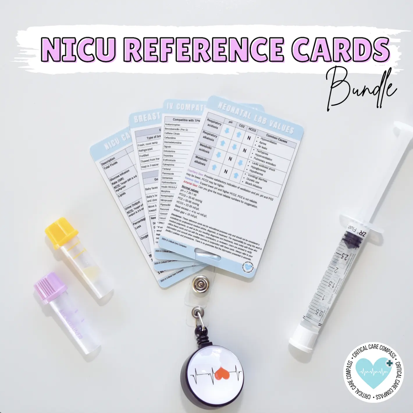 NICU Reference Card Bundle, Badge cards for Neonatal or Mother Baby Nurses, Attach to Badge Reel, Fun Intensive Care Guide