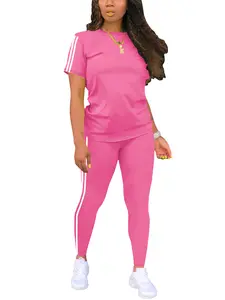 Women’s American vintage striped set featuring classic side white stripes, casual sporty short-sleeve top + long pants two-piece set