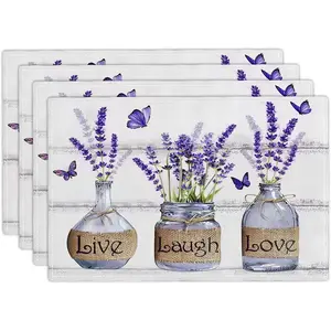 2D flat printing, 2-piece/4-piece/6-piece/8-piece set of lavender floral placemats, family party, indoor kitchen table decoration, washable purple farmhouse style table mat 12x18 inches