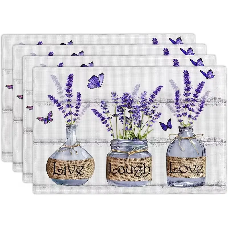 2D flat printing, 2-piece/4-piece/6-piece/8-piece set of lavender floral placemats, family party, indoor kitchen table decoration, washable purple farmhouse style table mat 12x18 inches