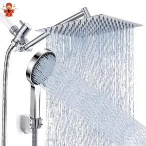 Shower Head, High Pressure Rainfall/Handheld Shower Combo with 11'' Extension Arm, 9 Settings, Anti-Leak Shower Head with Holder, Height/Angle Adjustable, Chrome, Matte Black