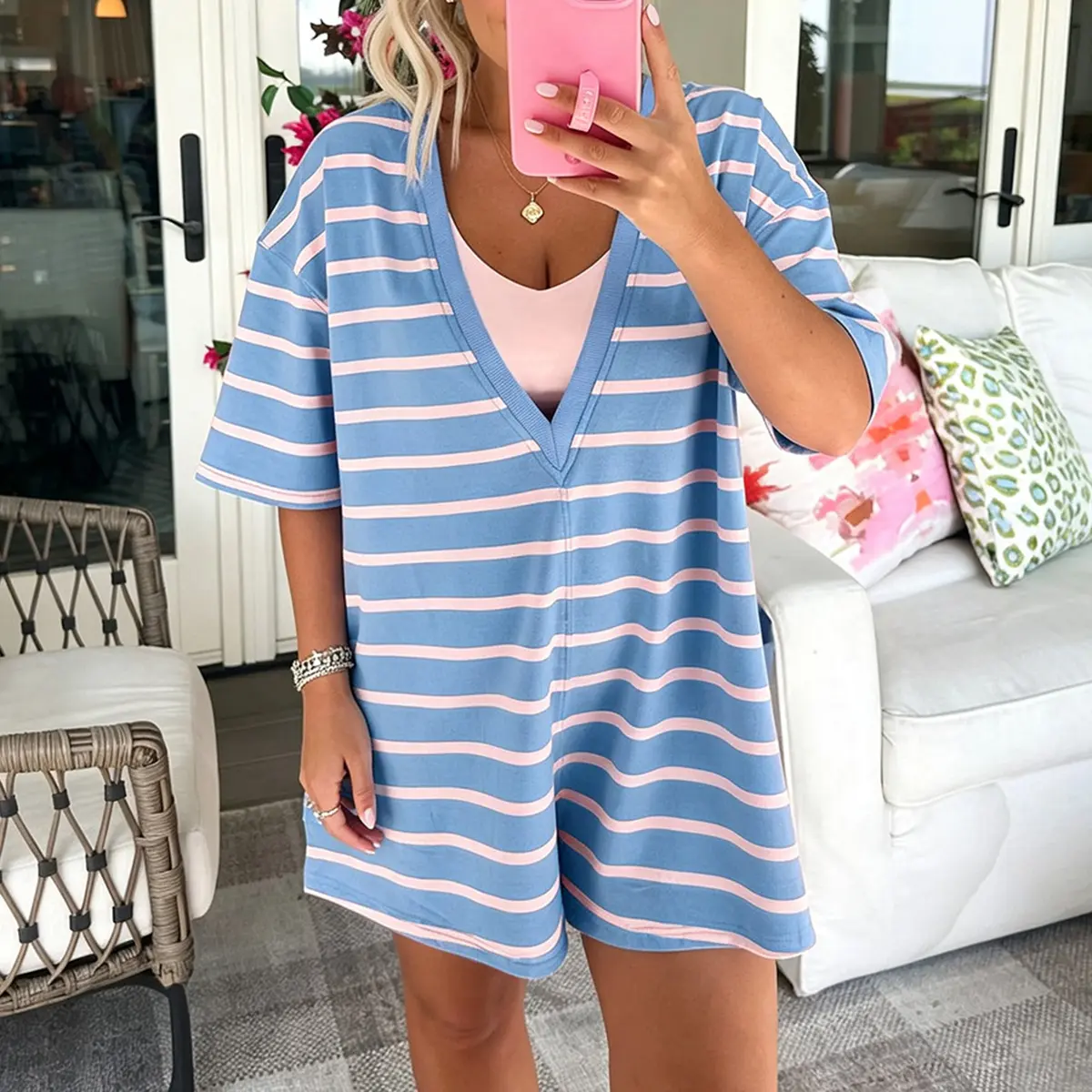 Women's Sky Blue Stripe Two Way Wear Romper V Neck Short Sleeve Oversized Loose One Piece Streetwear Vacation Outfit