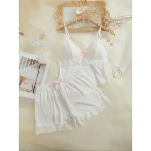 Women's Contrast Lace Bow Decor Ribbed Pyjama Two-piece Set Cute Elegant Adjustable Spaghetti Strap Ruffle Trim Crop Camisole Elastic Waist Shorts Pj Set Ladies Sleepwear for All Seasons Aesthetic Womenswear Lingerie Nightwear Pajama Set