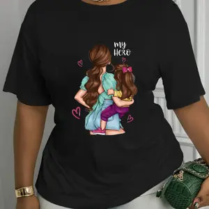 Super Mom Print Casual Crew Neck T-shirt | Soft, Skin-friendly, Breathable, Machine Washable, Suitable for All Seasons, Eye-catching and Versatile for Various Outfits Black CLL T-shirts-6213