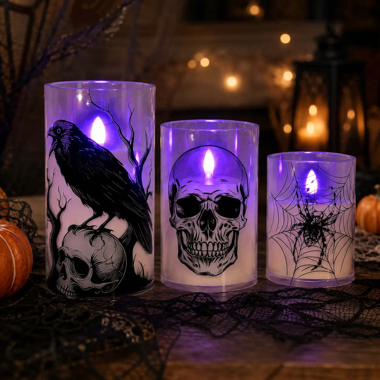 3 Pack Halloween LED Flameless Candles with Purple Flickering Flame, Skull Crow Spider Web Glass Candle Lights, Battery Operated Halloween Table Decor for Party, Mantel, Dining Table, Home Indoor Decorations