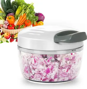 Manual Food Processor Vegetable Chopper 2.3 Cup Small Mini Hand Pull String Onion Chopper Garlic Mincer Cutter with 3 Stainless Steel Blades - White Fruit Kitchen Utensils