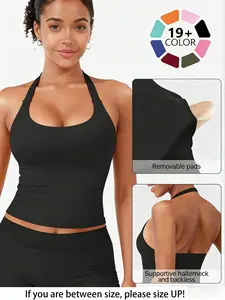 Women's Solid Removable Chest Pad Sports Tank Top, Casual Comfort and Durability Halter Neck Sports Top for Yoga Gym Workout, Ladies Sportswear for All Seasons, Backless Sports Vest, Hollow Back Activewear
