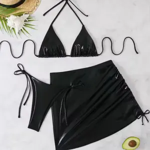 Metallic Bikini Set - Black Top & Skirt with Drawstring Detail - Summer Bikinis - Bikini Sets