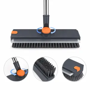 3-in-1 Floor Scrub Brush with Long Handle, Stiff Bristle Cleaning Brush & Shower Squeegee for Tile, Bathroom & Glass Doors