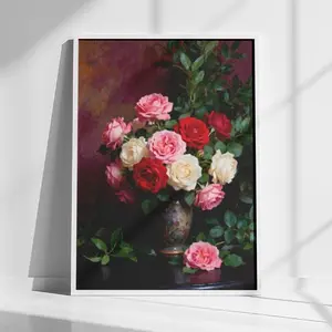 Valentines Day Wall Art Printable, Romantic Rose Bouquet Painting, Moody Red Floral Valentine Decor, Vintage Still Life Art
