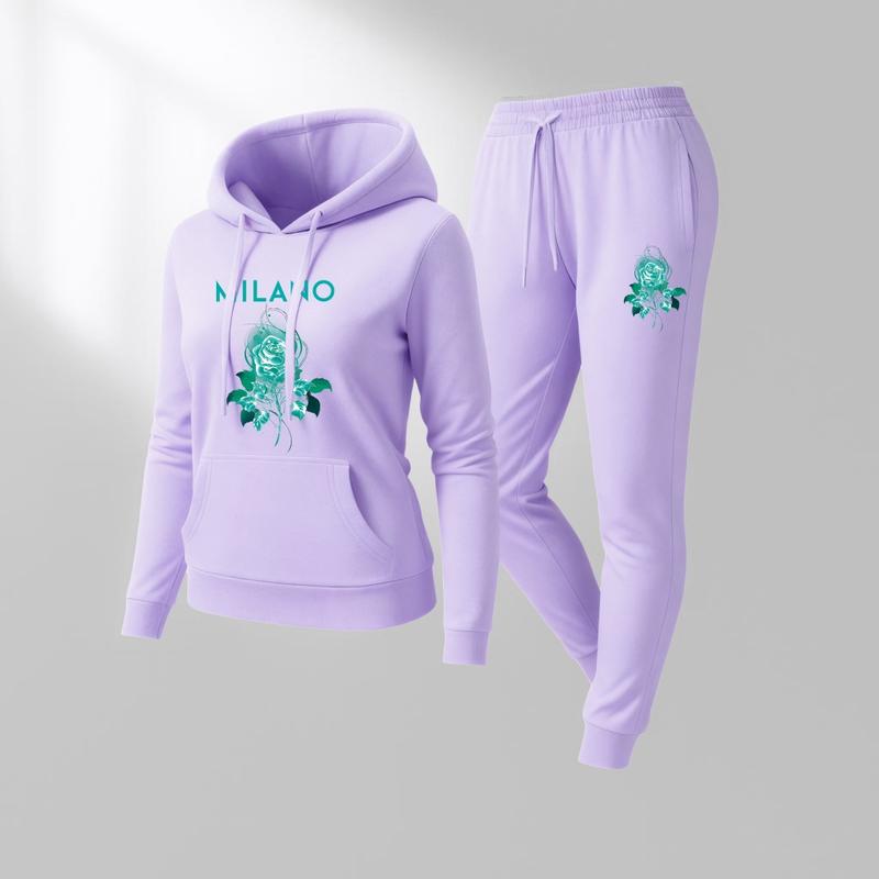 Women's Milano Flower Print Lips Print Hair And Sunglasses Hoodie And Drawstring Track Pants Set, Casual Sportswear, Long-Sleeved Hooded Jacket And Pants, Suitable For Autumn And Winter,  Indoor And Outdoor Sportswear, Casual Sportswear.