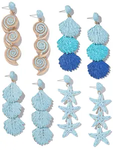 Bohemian Earrings Set Coconut Fiber Starfish Shell Pendants, Cute Statement Fashion Beach Jewelry for Women, All Seasons Wear