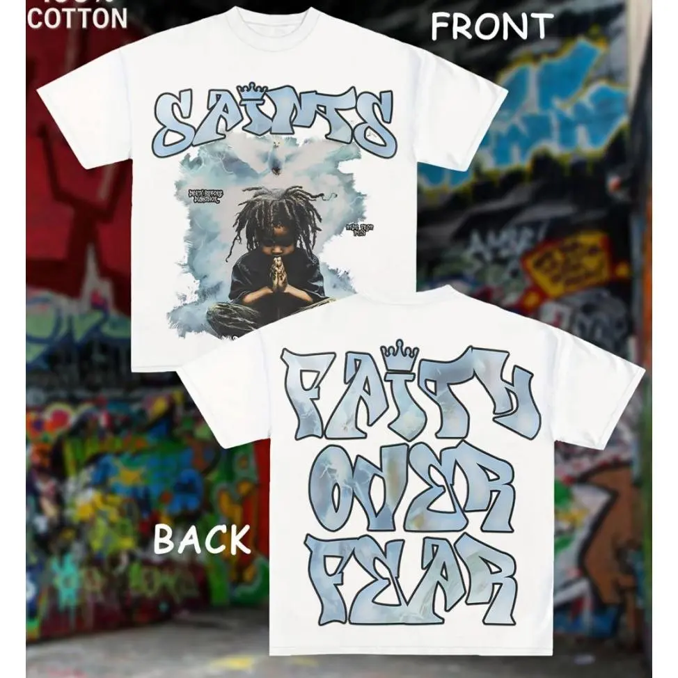 Men's Loose-Fitting Cotton Blend Crew Neck Short-Sleeve T-Shirt - Faith Theme Praying Kid Saints Graphic Double-Sided Print, Streetwear Hip Hop Casual Summer Daily Wear Soft Top, Double Side, S–Xxxxxl