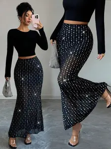High-Waisted Sequined Mesh Skirt, Party Night, High Stretch Slim Fit, Transparent Leg Show, Women's Date/party/night Out Dress