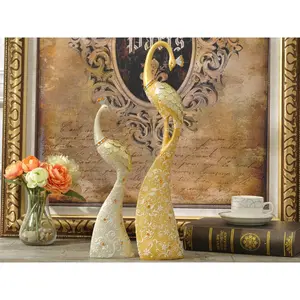 Exquisite Pair of Hand Painted Peacock Sculptures - Gold & Silver