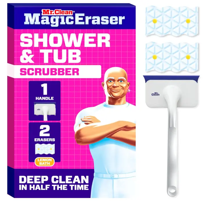 Mr. Clean Magic Eraser Shower & Tub Scrubber, Bathroom Cleaner, All in One Bathroom Cleaner, Lemon Starter Kit, 1 Scrubber & 2 Foaming Magic Erasers