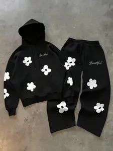 Floral Hoodie Set, Simple Beautiful Letter Print, Cute Small Flower Pattern, Street Style Sweatshirt & Wide Leg Pants