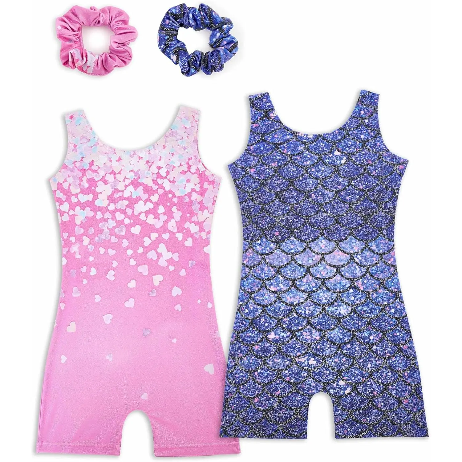 Girls' Leotards 2-Pack with Matching Hair Scrunchies, Sparkly Mixed Patterns Polyester Blend for Gymnastics, Dance, and Tumbling, Sparkle Finish, Two-Pack