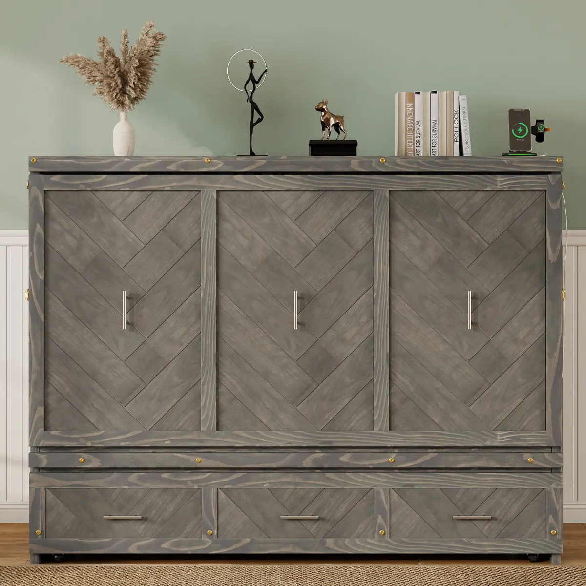 Bellemave Queen Size Murphy Bed| Pine Wood Cabinet Bed| Built-in USB Charging Station| 3 Storage Drawers| Easy Assembly