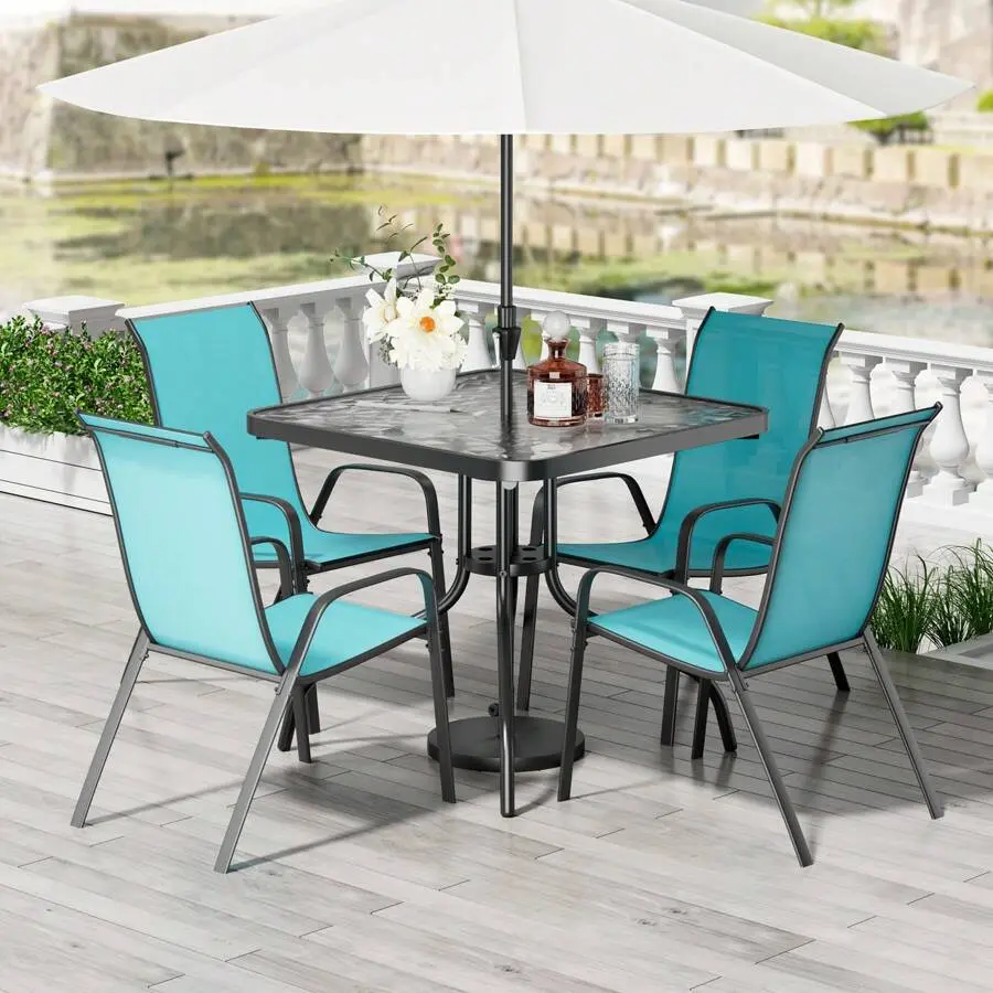 Outdoor Patio Furniture Set, 5-Piece All-Weather Dining Set with 30"x30" Metal Table and 4 Stackable Textilene Chairs, for Backyard, Lawn Use, Outdoor Furniture Set