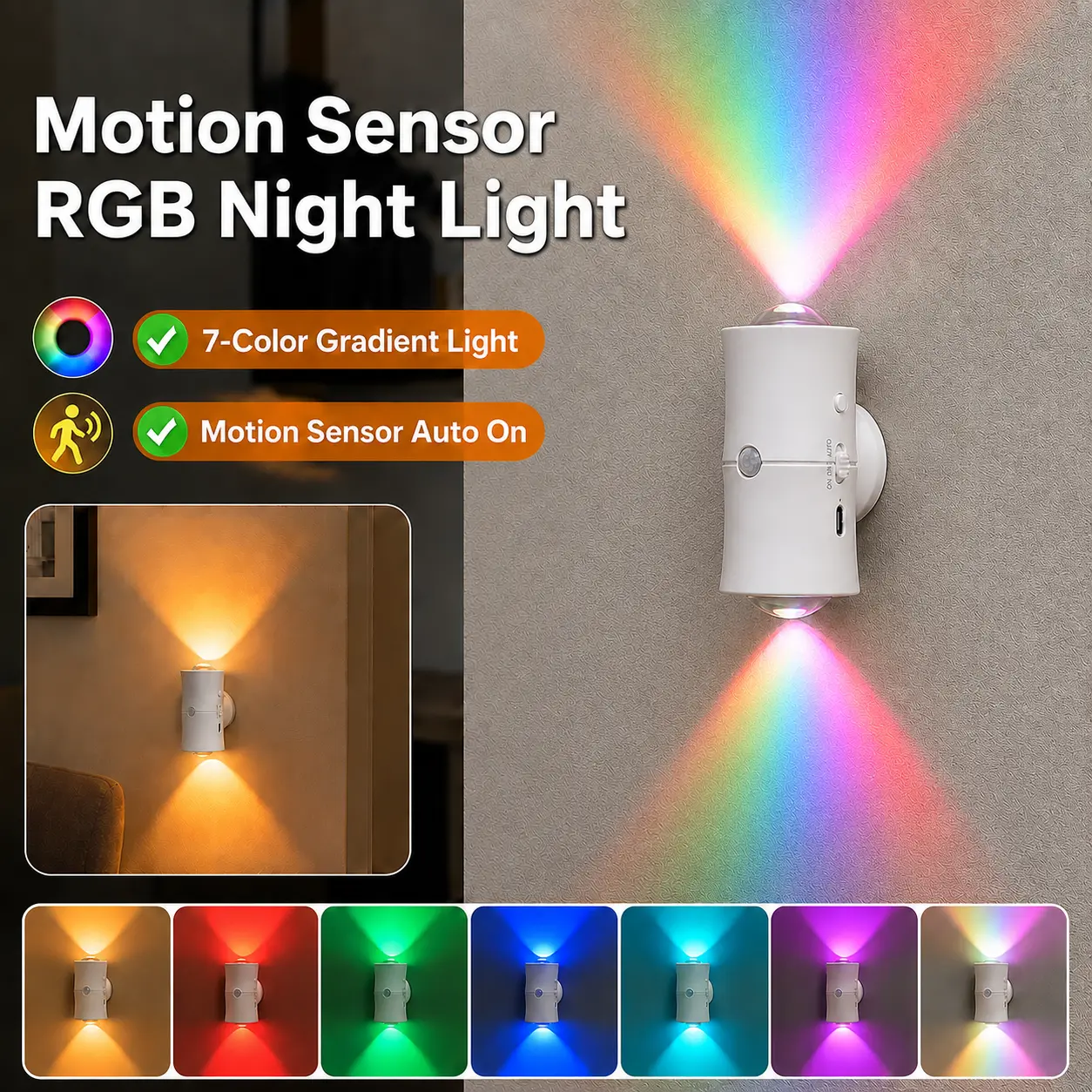 2-Pack Smart Rechargeable LED Motion Sensor Night Lights, Modern Design RGB Gradient Ambient Wall Lamps, Magnetic Mount, USB-C Charging, USB Rechargeable Decorative Lights for Bedroom, Hallway, Decoration
