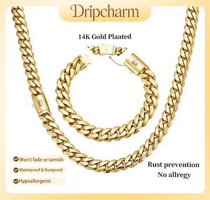 【Set】14K Gold-Plated Cuban Necklace Bracelet Set Miami Hip-Hop Style 6mm-14mm Sizes Waterproof Non-Allergic Gift for Men Women Couples Valentine's Day