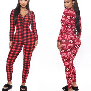 Women's Button V Neck Long Sleeve Jumpsuit Grid Bodysuits Lady Fashion Playsuits Bodycon  Bodysuit Romper
