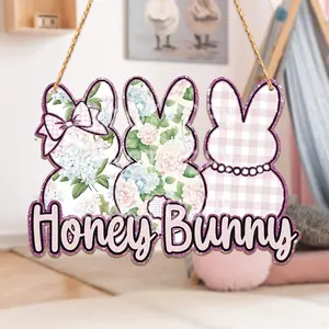 Checkerboard Alphabet Rabbit Print Wooden Pendant, for Easter Door Knocker Decorations and Holiday Celebrations