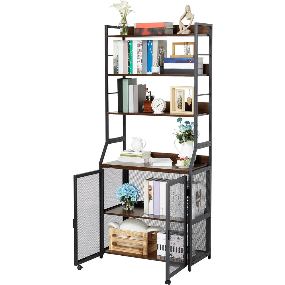 Industrial Bookshelf with Cabinet and Desk – 2-in-1 Floor Standing Storage Unit, Modern Metal & Wood Display Shelf, Sturdy Frame, Office & Living Room Furniture