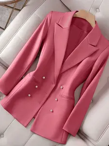 A women's peach-colored half-single-breasted pearl double-pocket suit jacket with a regular shoulder top, suitable for spring and autumn suitable for daily commuting, home wear, and light business Notched Lapel Blazer