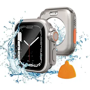 2 in 1  Case Compatible for  Watch 45mm Screen Protector Series 9/8/7 [ Looks Like Ultra Style Case ] iWatch Tempered Glass Protective PC  Cover Accessories 45mm, Titanium