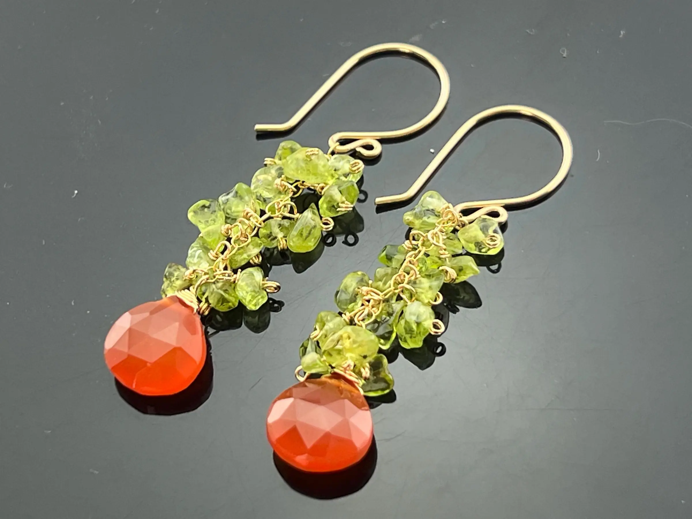 Carnelian and Peridot Cluster Earrings • 14K Gold Filled • Orange & Green Gemstone Dangle Earrings