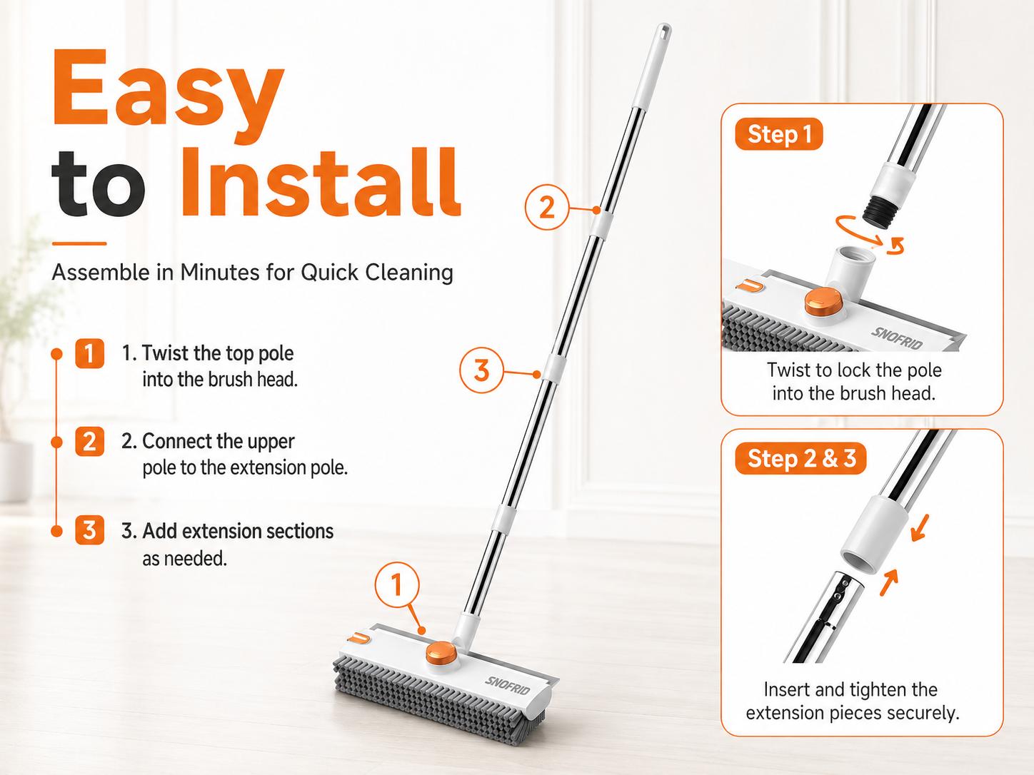 Snofrid Floor Scrub Brush, 3 in 1 Floor Scrub Brush with 54-in Adjustable Long Handle and Scraper Heavy Duty Stiff Bristle Floor Scrubber for Cleaning Shower Bathroom Kitchen Patio Garage Pool Wall and Deck, Orange&White Snofrid Floor Scrub Brush, 3 in 1 Floor Scrub Brush with 54-in Adjustable Long Handle and Scraper Heavy Duty Stiff Bristle Floor Scrubber for Cleaning Shower Bathroom Kitchen Patio Garage Pool Wall and Deck, Orange&White