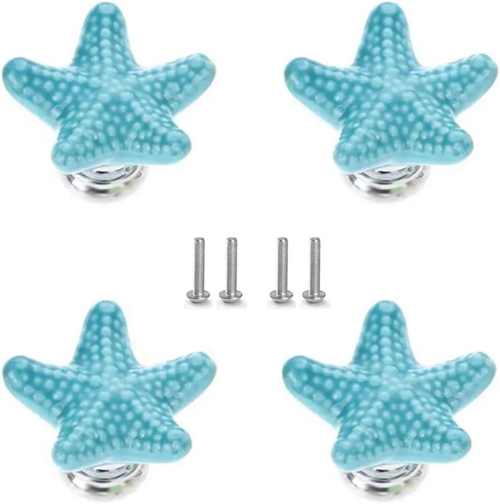 Starfish Drawer Knobs al Kitchen Cabinet Knos Bch Themeb Knob Ceramic Dresr Pulls and Handles for Dresr Cupboard Wardrobe Cabinet Handle (Blue)