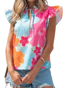 Womens Floral Print V Neck Shirts Tie Front Ruffle Sleeve Tops Casual Summer Flowy Blouses