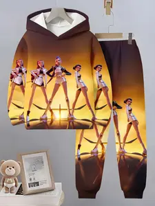 Girls' Trendy Anime Girl Hooded Sweatshirt Set, Warm Theme, Random Print, Long Sleeve, Casual, Spring & Fall, Sweatpants